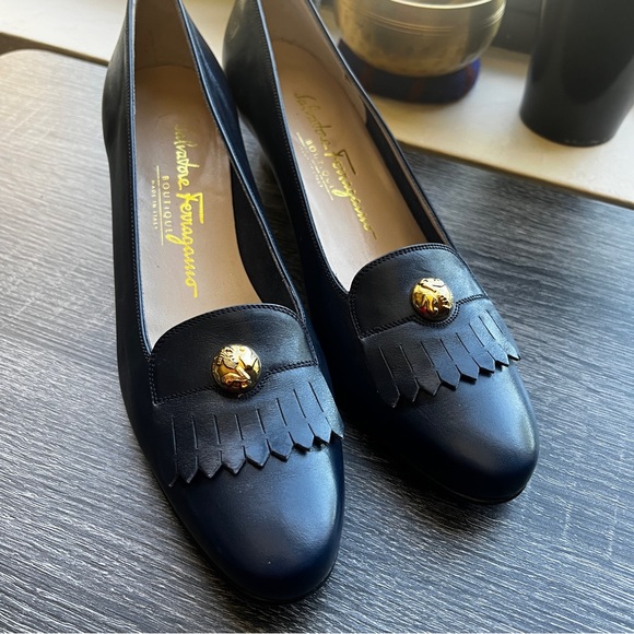 Salvatore Ferragamo Navy Button Detail Logo Fringe Penny Loafers 6.5 2A - Picture 6 of 15